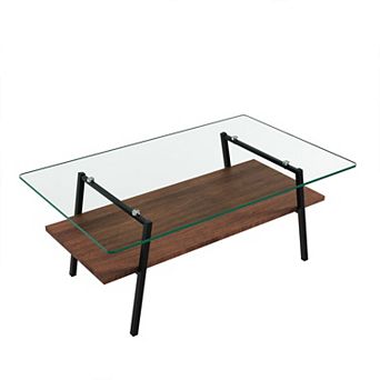 38.6 in Glass Coffee Table with Lower MDF Shelf for Living Room or Office