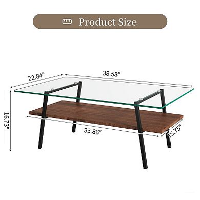 38.6 in Glass Coffee Table with Lower MDF Shelf for Living Room or Office