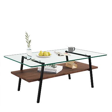 38.6 in Glass Coffee Table with Lower MDF Shelf for Living Room or Office