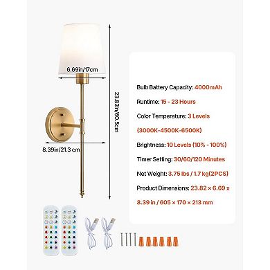 Battery Operated Wall Sconces with RGB Colors and Adjustable Brightness Set of 2