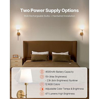 Battery Operated Wall Sconces with RGB Colors and Adjustable Brightness Set of 2