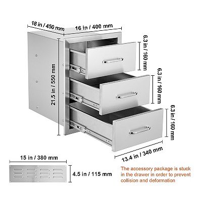 Compact 3 Tier Stainless Steel Storage Drawer for Kitchen, BBQ, or Outdoor Use