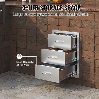 Compact 3 Tier Stainless Steel Storage Drawer for Kitchen, BBQ, or Outdoor Use