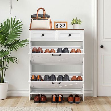 Farmhouse Shoe Storage Cabinet with Flip Drawers and Pull-Out Drawers