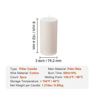 3 Pack Unscented Pillar Candles White Fits Standard Candle Holders