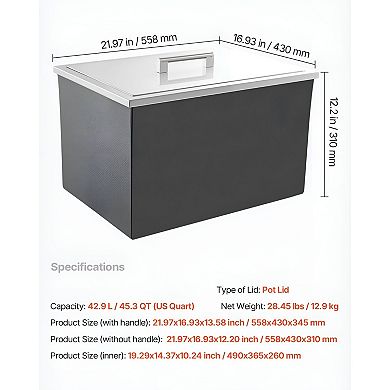 Drop-In Ice Chest with Lid and Drain, 45.3 Quart for Drinks and Food Chilling
