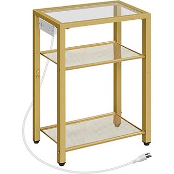3 tier End Table with Built-In Charging Station, Tempered Glass Top and Metal Frame for Bedroom