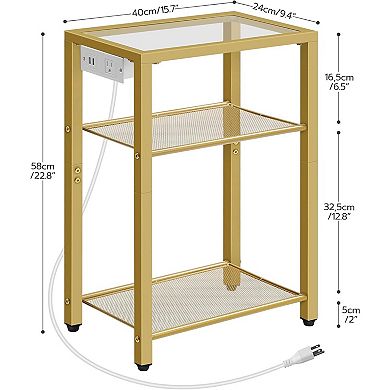 3 Tier End Table with Built-In Charging Station, Tempered Glass Top and Metal Frame for Bedroom