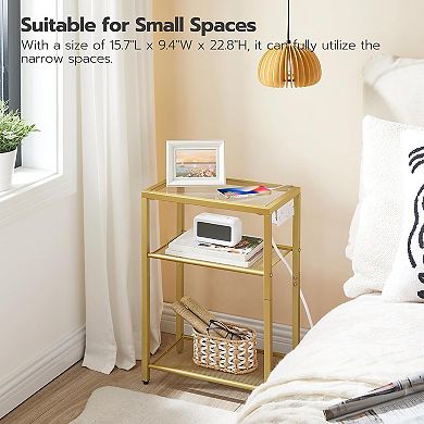 3 Tier End Table with Built-In Charging Station, Tempered Glass Top and Metal Frame for Bedroom