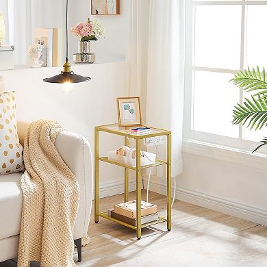 3 Tier End Table with Built-In Charging Station, Tempered Glass Top and Metal Frame for Bedroom
