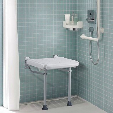 Space-Saving Folding Wall Shower Seat with Dual Leg Support, Bathroom Stool