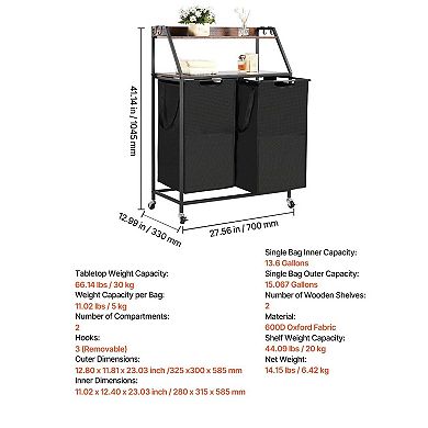 2-Bag Rolling Laundry Hamper Sorter with Wheels and Top Shelf