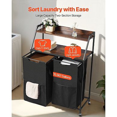 2-Bag Rolling Laundry Hamper Sorter with Wheels and Top Shelf