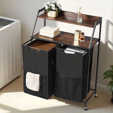 2-Bag Rolling Laundry Hamper Sorter with Wheels and Top Shelf