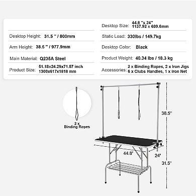 Large Pet Grooming Table for Medium Dogs with Adjustable Arms, Foldable Frame, Storage Shelf