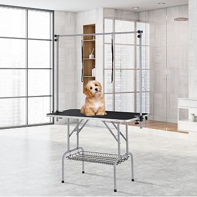 Large Pet Grooming Table for Medium Dogs with Adjustable Arms, Foldable Frame, Storage Shelf