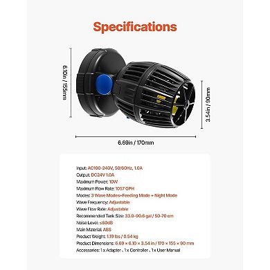 10W Aquarium Wavemaker Pump with Adjustable Wave Frequency, Feed and Night Mode Magnetic Base