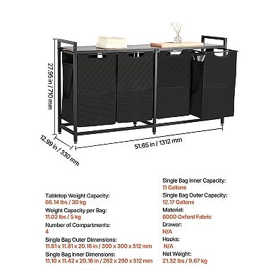 4-Bag Laundry Organizer Cart with Adjustable Metal Frame and Top Shelf