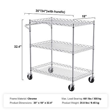 3-Tier Steel Utility Cart with Adjustable Shelves and Rolling Casters