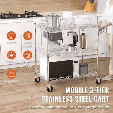 3-Tier Steel Utility Cart with Adjustable Shelves and Rolling Casters