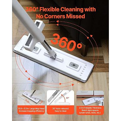 Hands-Free Flat Mop with 360° Rotating Head and Washable Pads