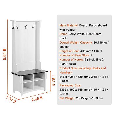 Entryway Hall Tree with Shoe Bench, 4 Shoe Compartments and 5 Coat Hooks