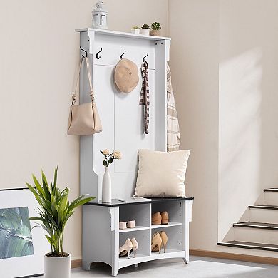 Entryway Hall Tree with Shoe Bench, 4 Shoe Compartments and 5 Coat Hooks