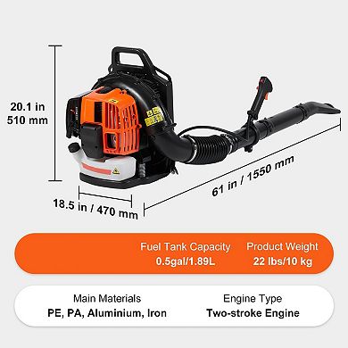 High-Powered Gas Backpack Leaf Blower 63CC Engine, 5060 Min Runtime