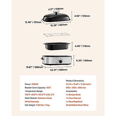 18QT Electric Roaster Oven with 1450W Power and Adjustable 150450℉ Temperature