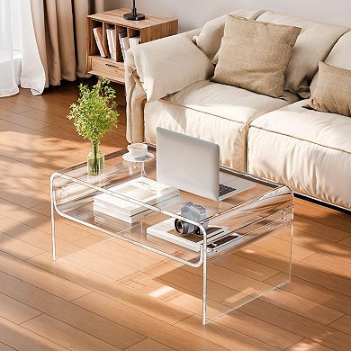 Acrylic Coffee Table with Dual Storage Tiers, Clear, Modern Design