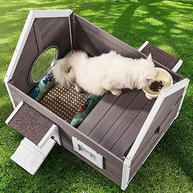 Outdoor Cat House with Loft, Weather-Resistant Fir Wood, and Removable Bottom