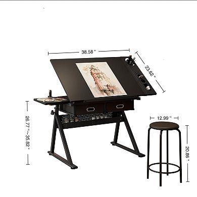 GOODSILO Adjustable Drawing Drafting Table Desk with Storage Drawers and Stool