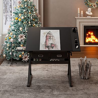 GOODSILO Adjustable Drawing Drafting Table Desk with Storage Drawers and Stool