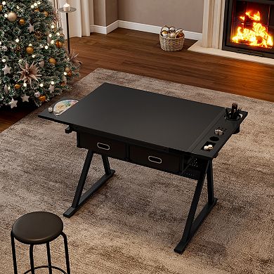 GOODSILO Adjustable Drawing Drafting Table Desk with Storage Drawers and Stool