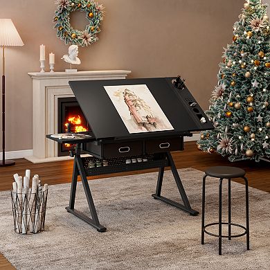 GOODSILO Adjustable Drawing Drafting Table Desk with Storage Drawers and Stool