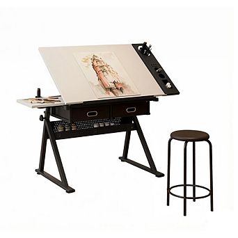GOODSILO Adjustable Drawing Drafting Table Desk with Storage Drawers and Stool