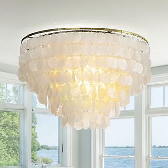 6-Light Coastal Natural Capiz Shell Tiered Flush Mount Ceiling LIght With Antique Gold Metal