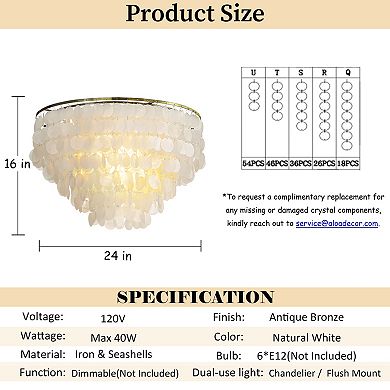 6-Light Coastal Natural Capiz Shell Tiered Flush Mount Ceiling LIght With Antique Gold Metal
