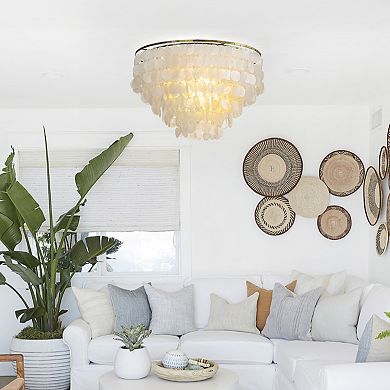 6-Light Coastal Natural Capiz Shell Tiered Flush Mount Ceiling LIght With Antique Gold Metal