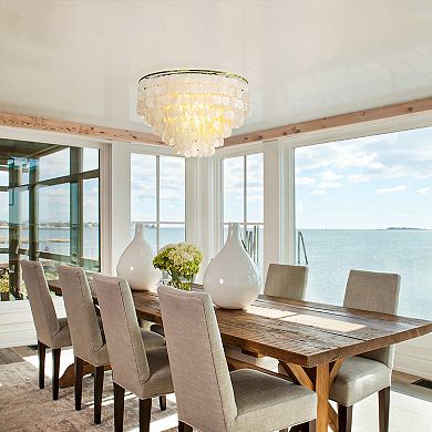 6-Light Coastal Natural Capiz Shell Tiered Flush Mount Ceiling LIght With Antique Gold Metal