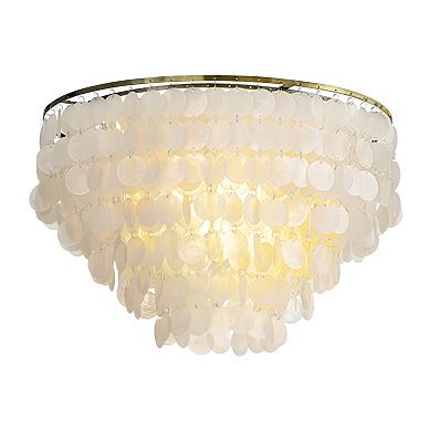 6-Light Coastal Natural Capiz Shell Tiered Flush Mount Ceiling LIght With Antique Gold Metal