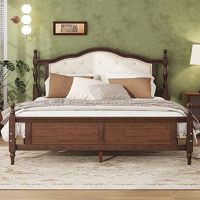 GOODSILO Queen Size Pine Wood Platform Bed with Upholstered Headboard