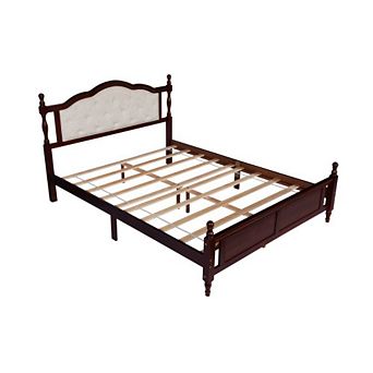 GOODSILO Queen Size Pine Wood Platform Bed with Upholstered Headboard