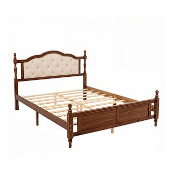 GOODSILO Queen Size Pine Wood Platform Bed with Upholstered Headboard