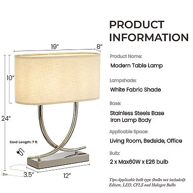 2-Light 24'' Modern Elegant Polished Nickel Minimalist Stainless Steel Table Lamp With Ivory Fabric