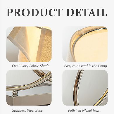 2-Light 24'' Modern Elegant Polished Nickel Minimalist Stainless Steel Table Lamp With Ivory Fabric