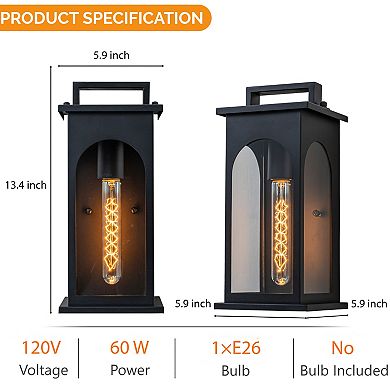 1-Light Modern 13 Inch Outdoor Wall Lantern Black Exterior Sconce with Clear Tempered Glass