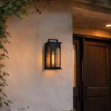 1-Light Modern 13 Inch Outdoor Wall Lantern Black Exterior Sconce with Clear Tempered Glass