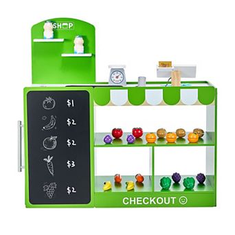 Kids Grocery Store Playset Wooden Play Market Stand with Cash Register
