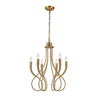 20'' 6-Light Plated Brass Candelabra Chandelier with Curved Arms Mid-Century Modern Pendant Light